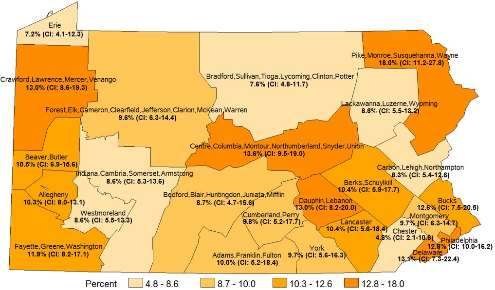 Currently Has Asthma, Pennsylvania Health Districts 2016